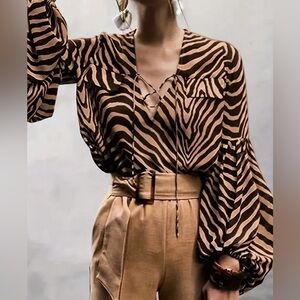 Passion of Essence Tan and Brown Zebra-Print V-Neck Blouse